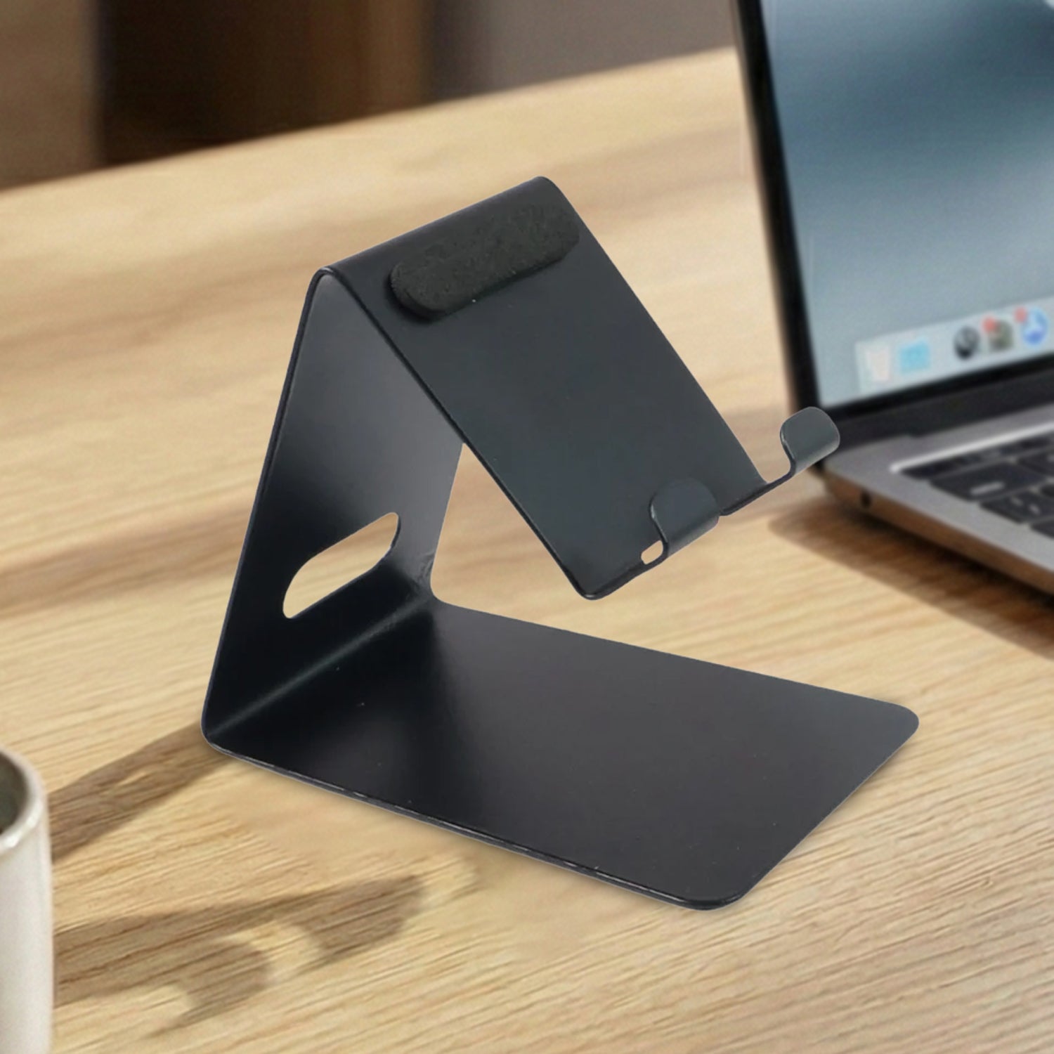 Metal universal mobile and tablet stand holder with anti-slip base on desk