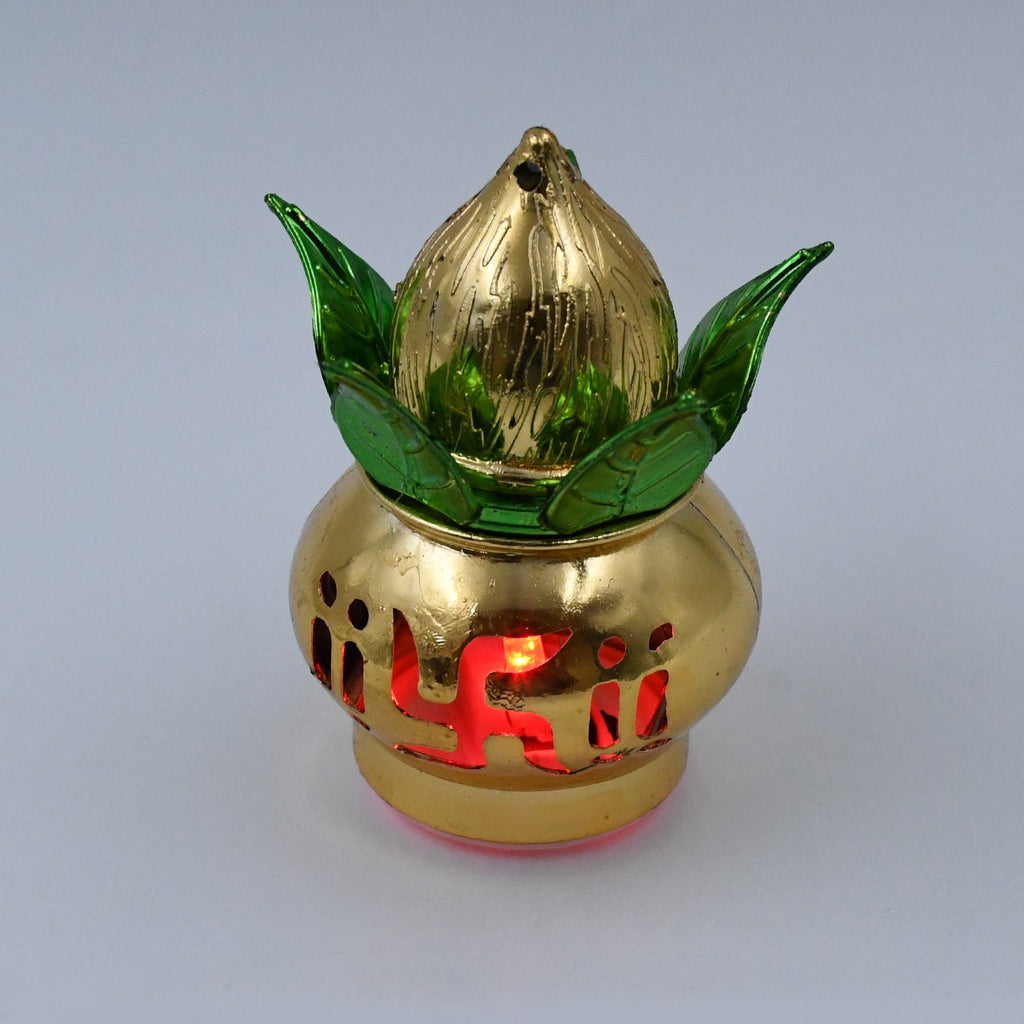 Gold plated LED Kalash with its multicolor lights on, enhancing home and temple decor.