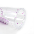 Top-down view of the plastic cold drink tumbler, highlighting its ergonomic lid and straw.