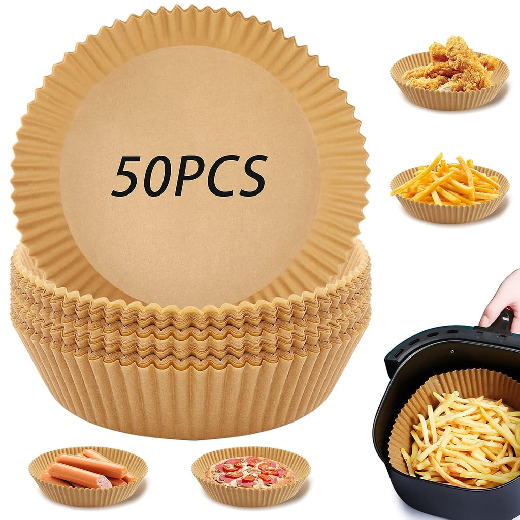 Set of 50 round disposable air fryer liners, neatly stacked for kitchen use.