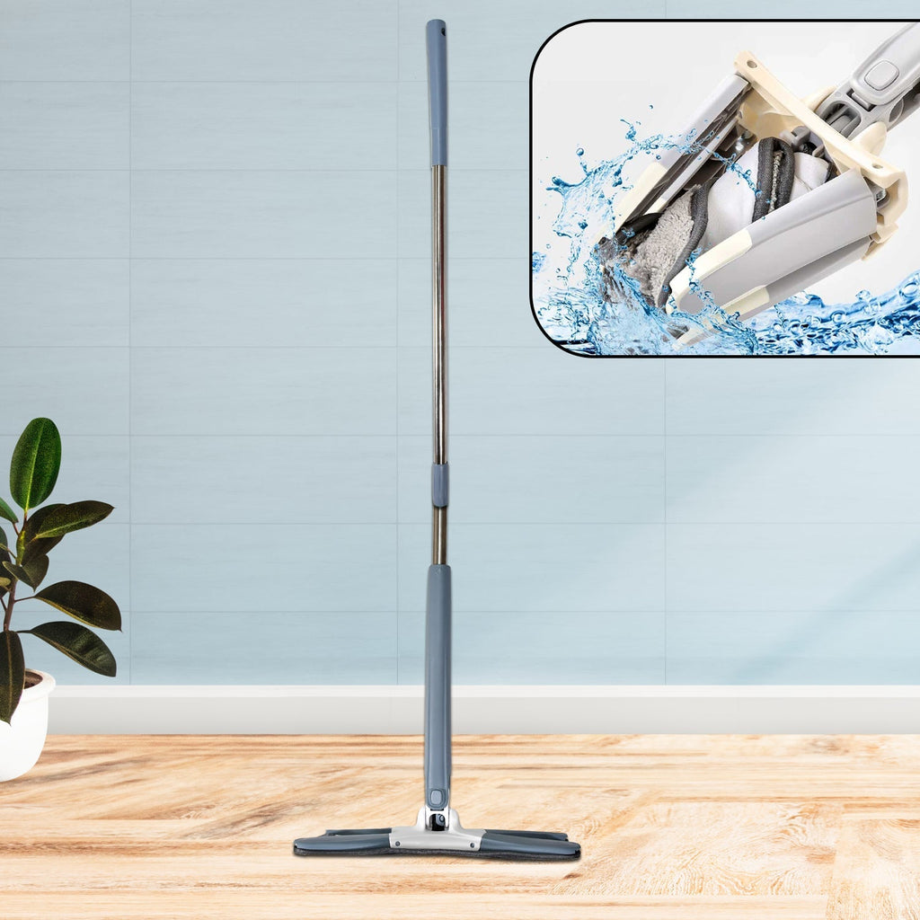 X-shape hands-free mop system with microfiber pad, ready for floor cleaning.