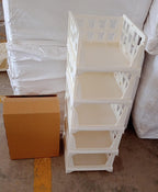 Stackable storage cart with individual drawers, shown organized in a home setting.