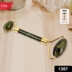 Close-up of dual jade stone face roller for skincare