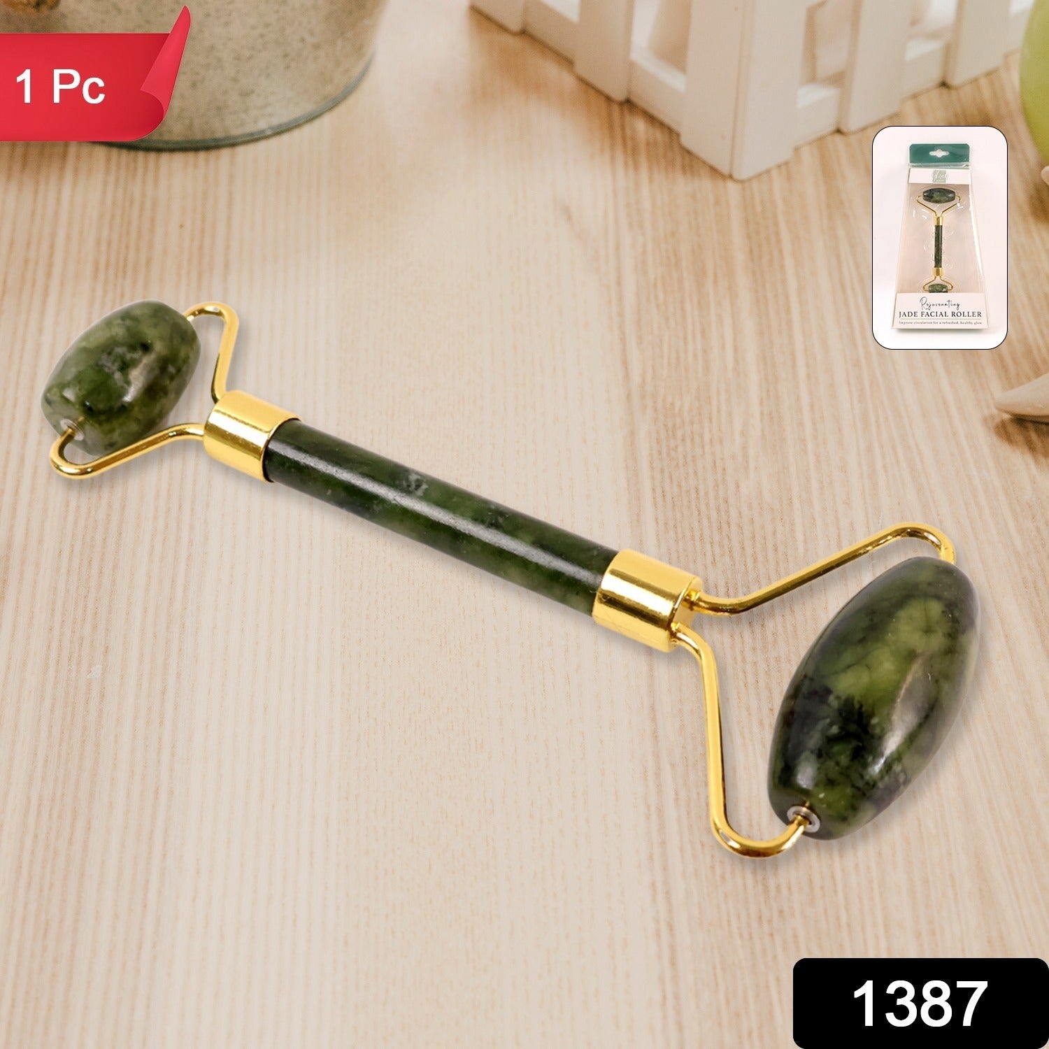 Close-up of dual jade stone face roller for skincare