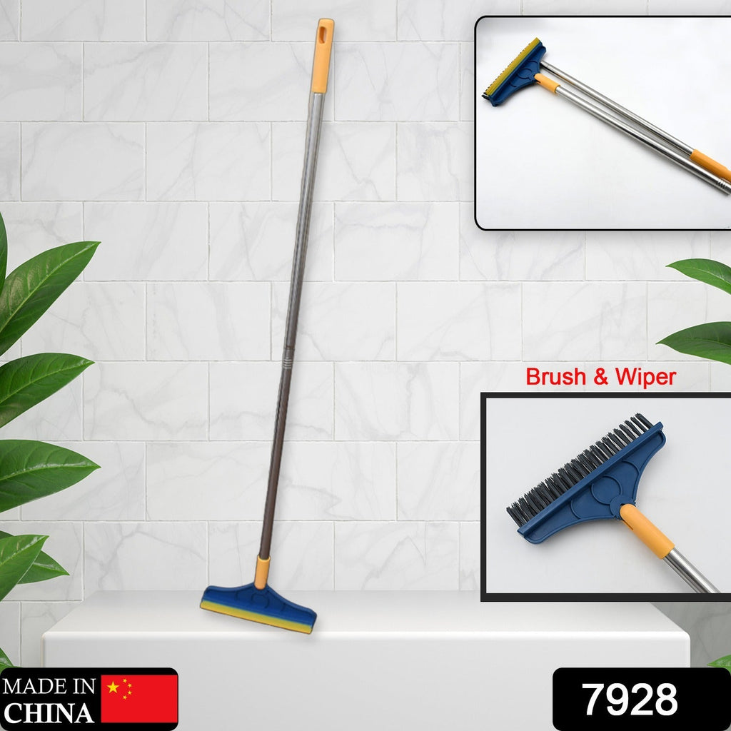 Ergonomic long handle cleaning brush with rotatable wiper head for multiple surfaces.
