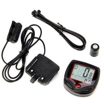 Waterproof bicycle computer securely mounted on a bike handlebar, ready for a ride, showing its compact design.