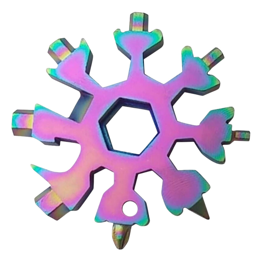 Vibrant rainbow-colored Snowflake Multi-Tool presented on a clean white background.