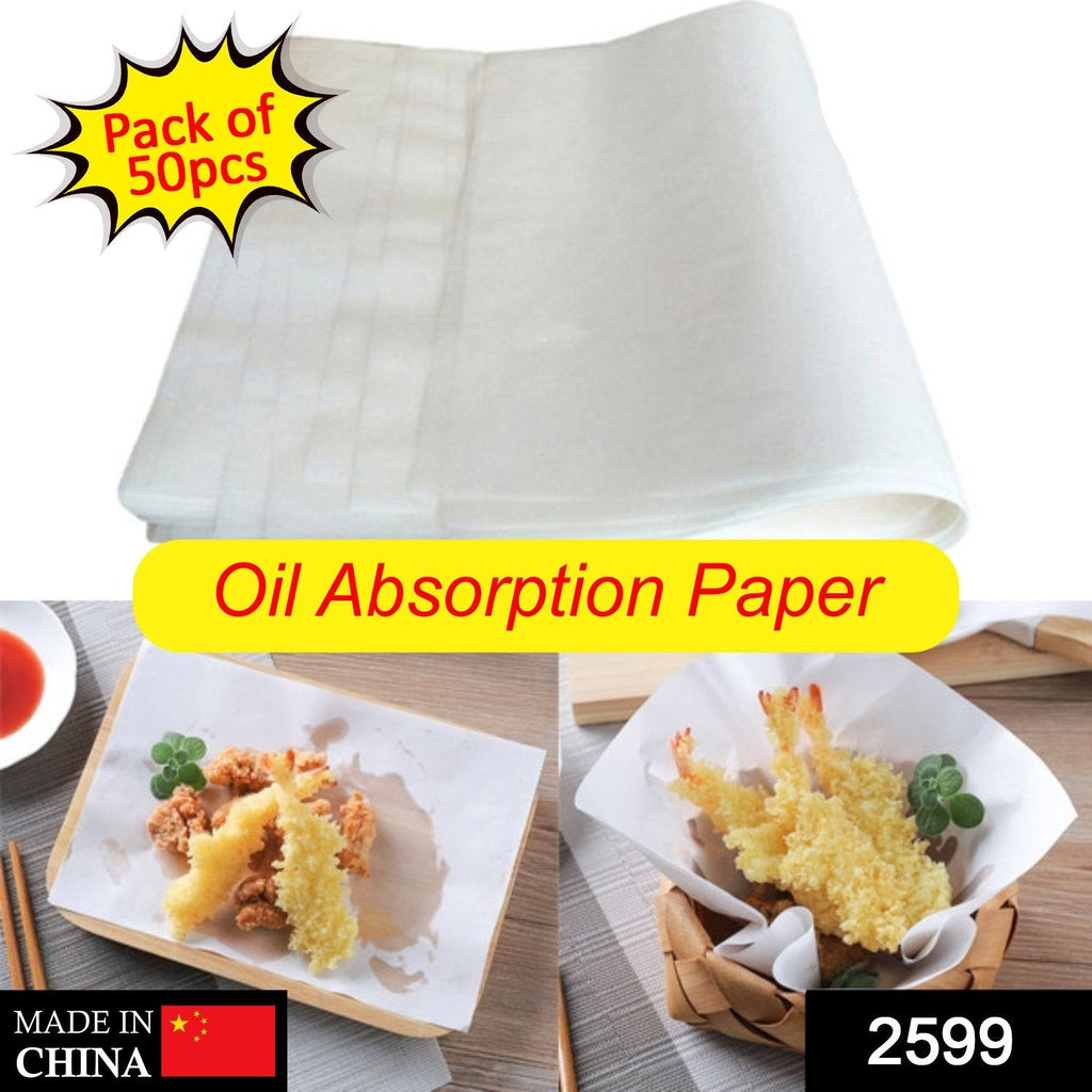 Stack of white oil-absorbing cooking paper sheets for kitchen use, pack of 50.