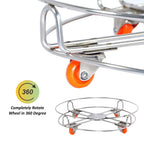 The sturdy heavy-duty stainless steel gas cylinder trolley without a cylinder, showing its robust construction.