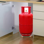 Stainless steel gas cylinder trolley with a full LPG cylinder on it, showcasing easy movement.