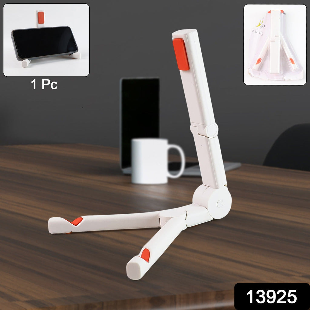Portable desk stand holding a mobile phone and tablet securely with foldable design.