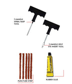 Complete **tubeless tyre puncture repair kit** contents, including rubber cement.