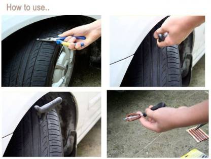 Kit for repairing tubeless tyres with sturdy T-handle reamer and probe.