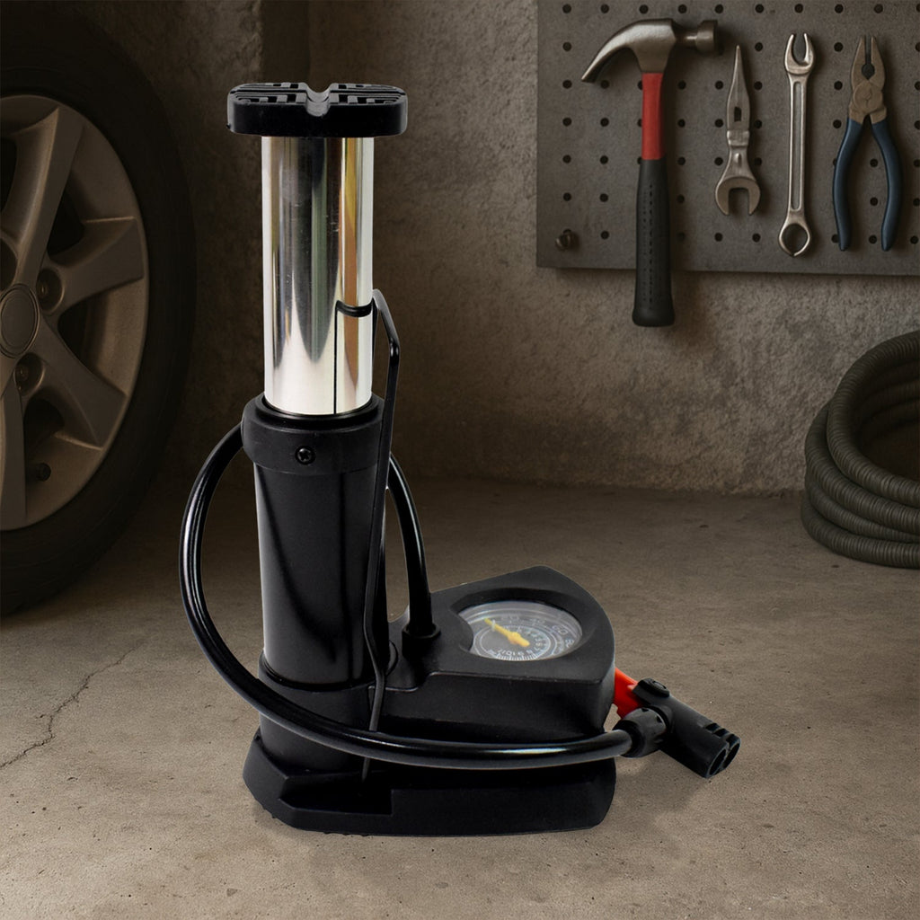 Compact foot bike pump demonstrating its stable base and easy operation.