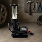 Compact foot bike pump demonstrating its stable base and easy operation.