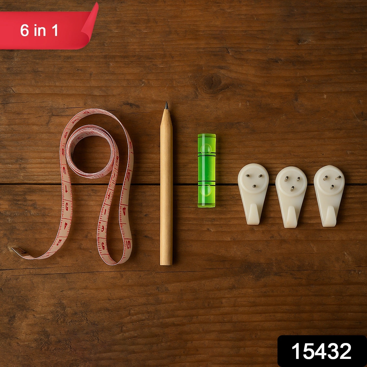 Compact components of wall hanging tool kit including tape and level