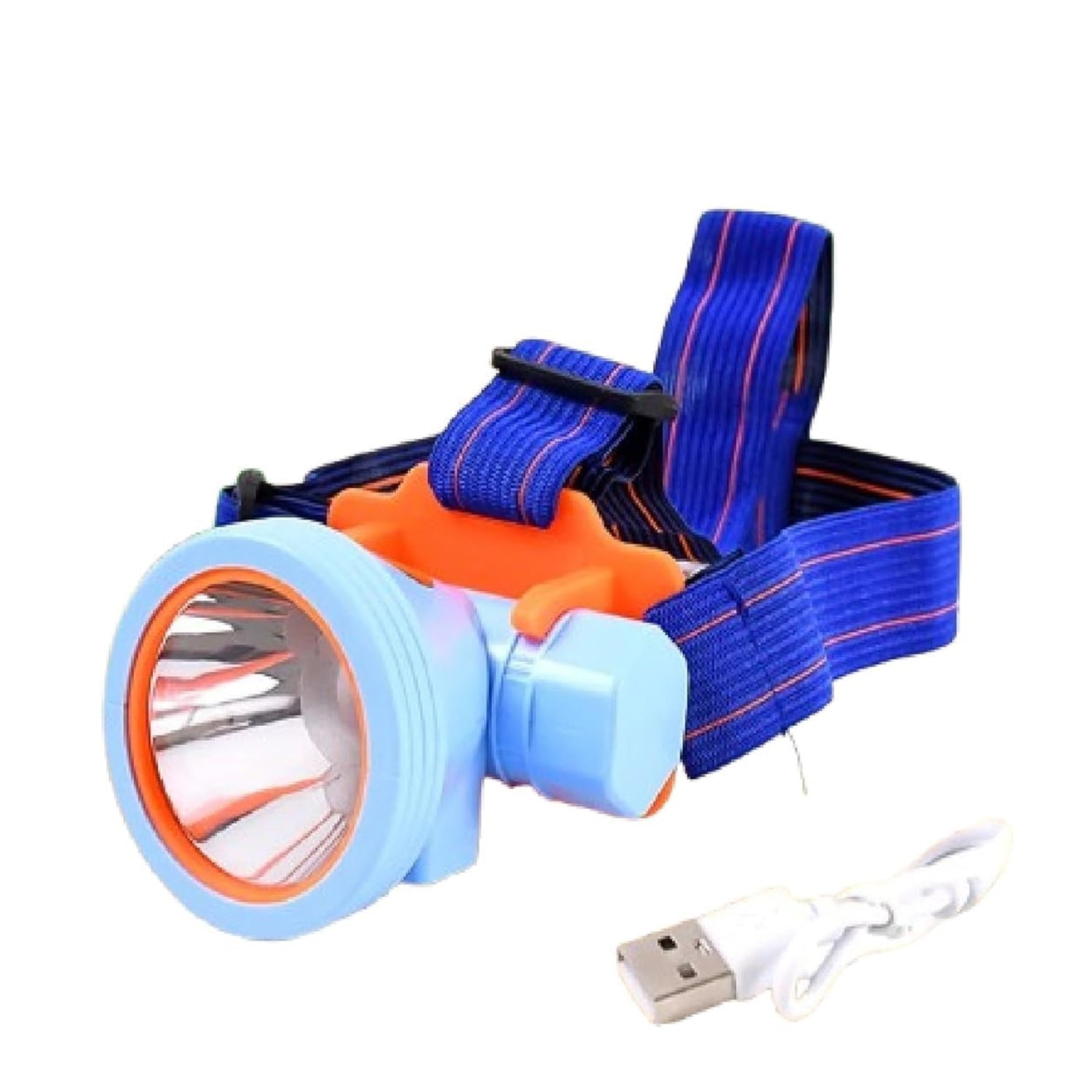 White rechargeable LED headlamp on plain white background