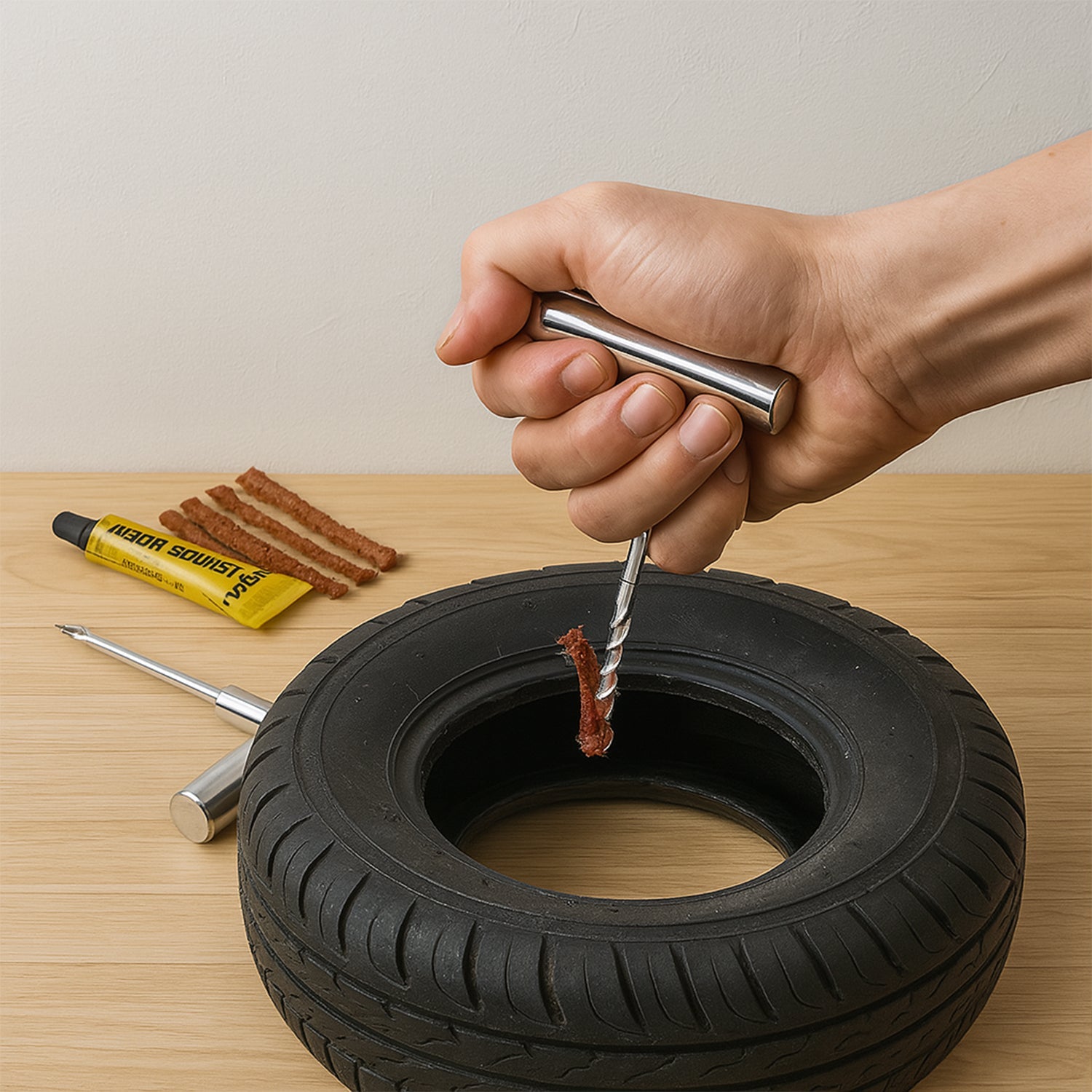 Close-up of the tire repair strings and insertion tool.