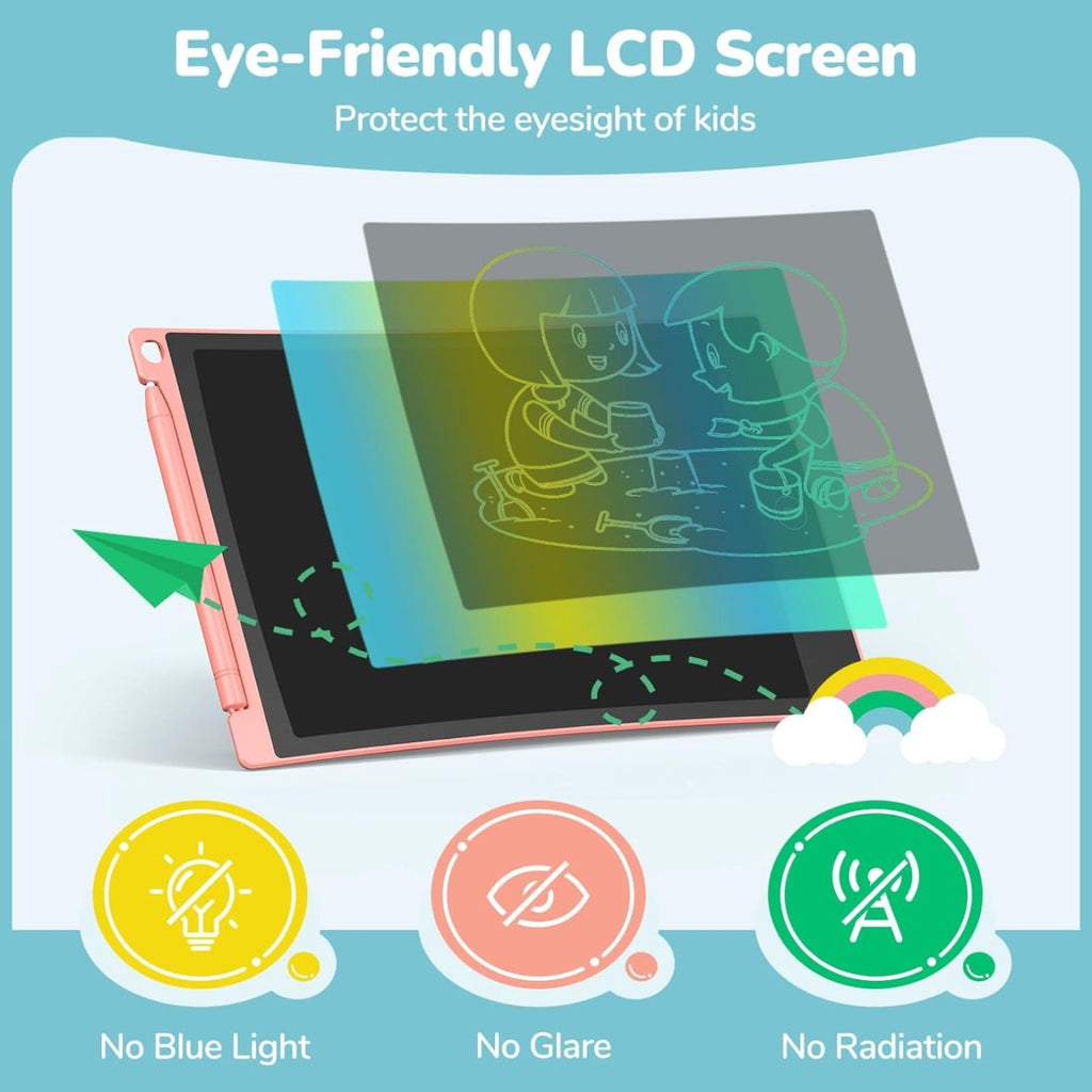 LCD writing tablet displaying colorful drawings and notes by children.