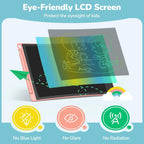 LCD writing tablet displaying colorful drawings and notes by children.