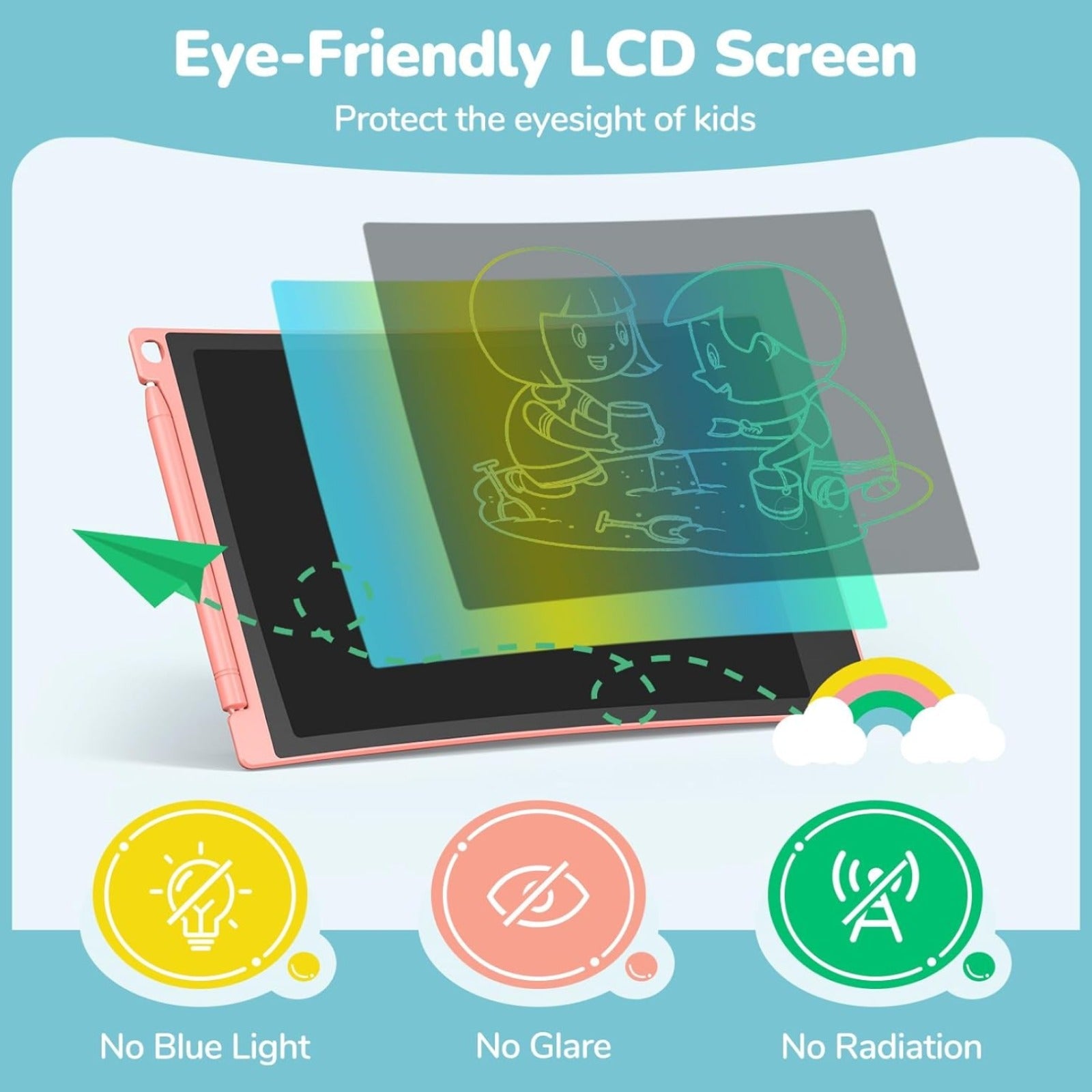 LCD writing tablet displaying colorful drawings and notes by children.