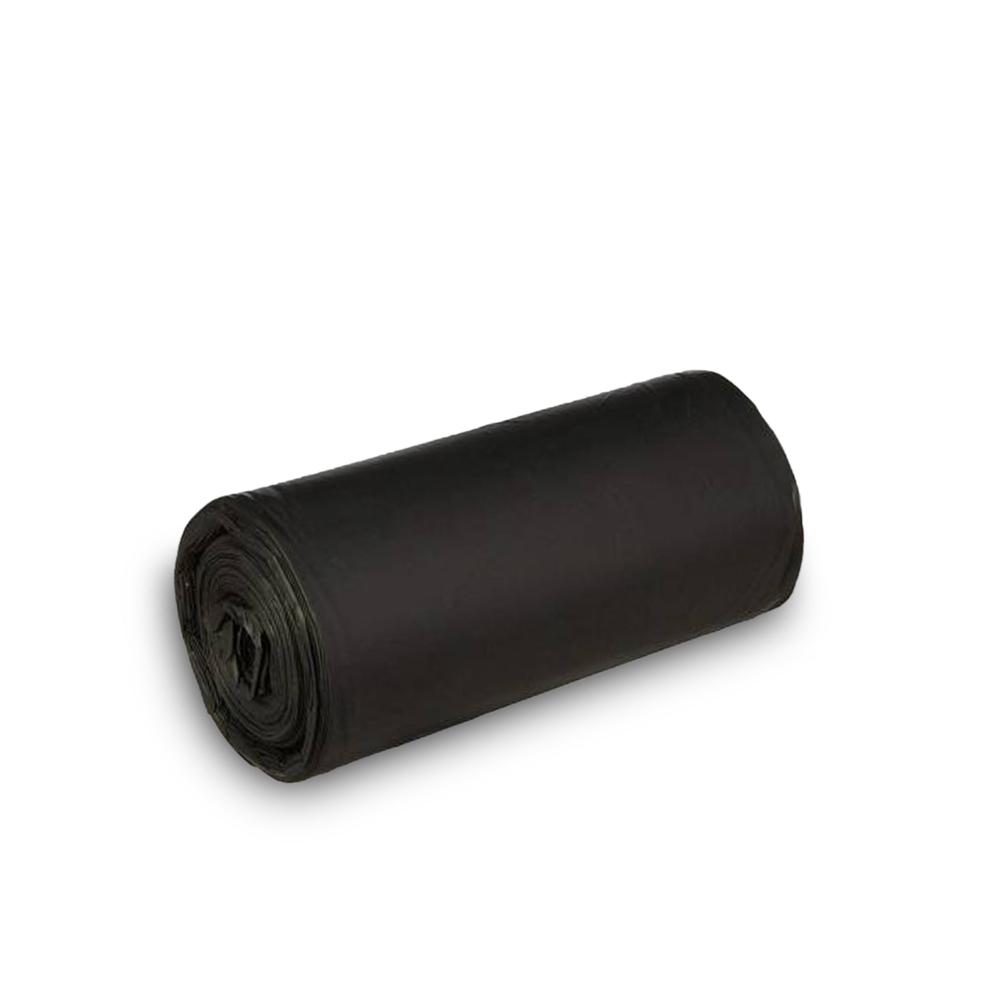 Heavy-duty small black garbage bag, 17x19 inches, ready for waste disposal.