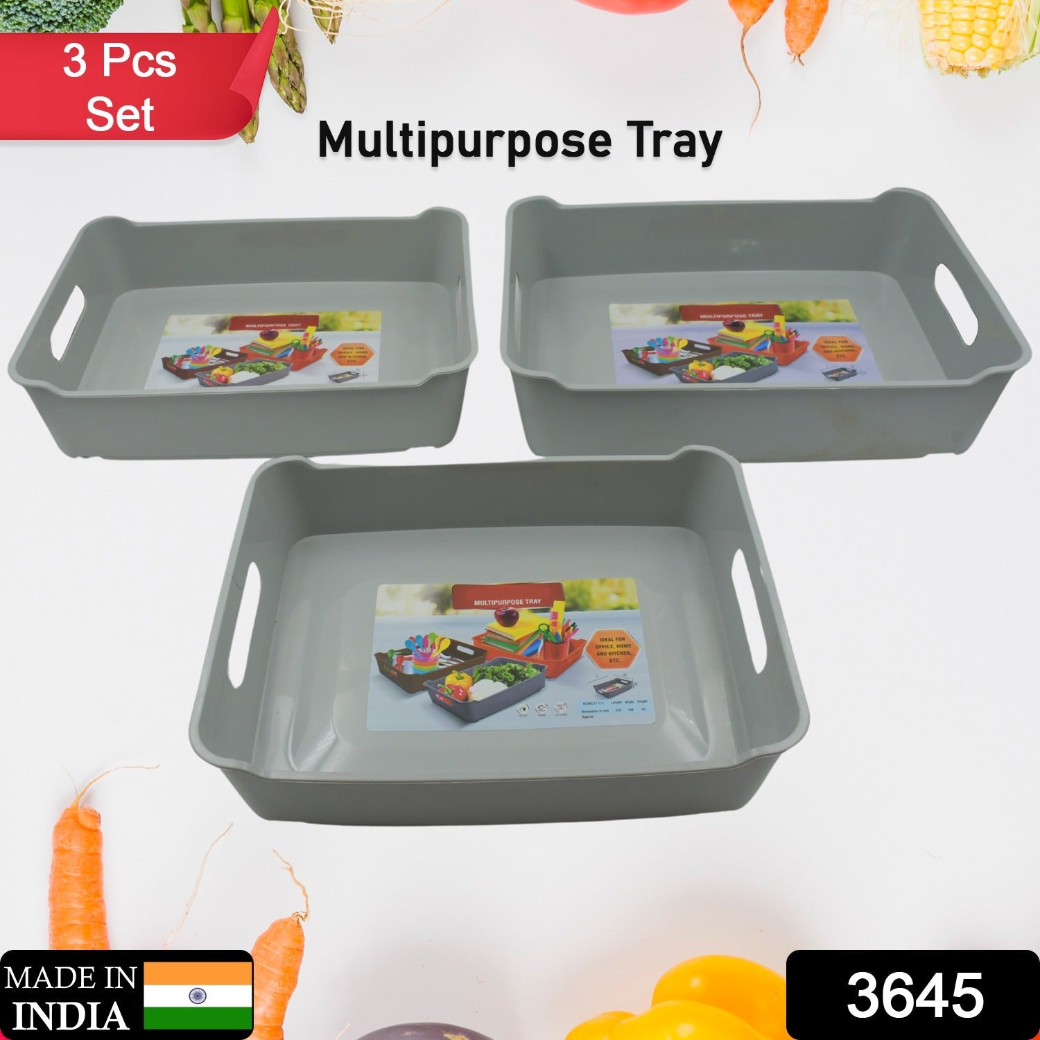 Durable plastic trays holding fresh kitchen fruits and vegetables