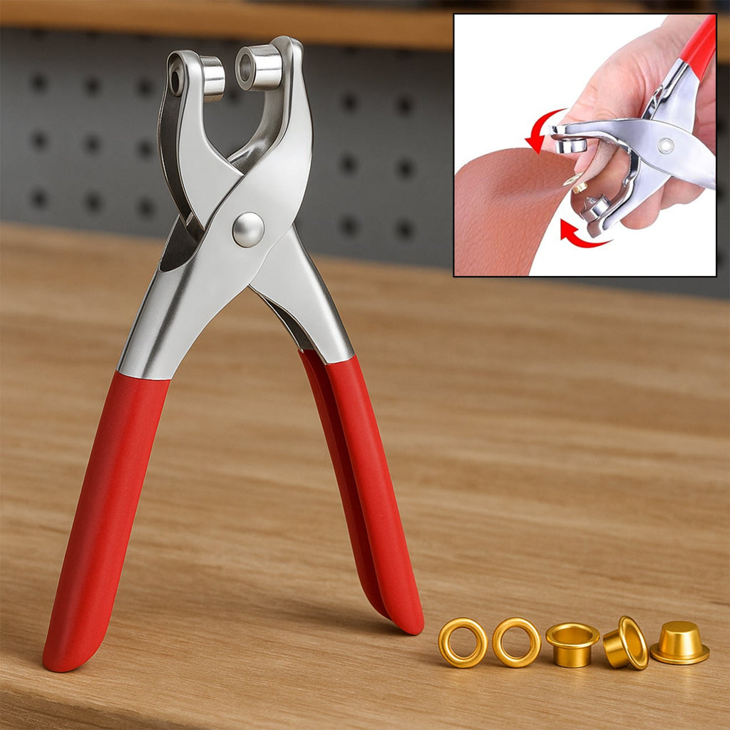 Complete Grommet Setting Tool Kit with steel punch and 25 gold eyelets laid out on a white surface.