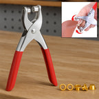 Complete Grommet Setting Tool Kit with steel punch and 25 gold eyelets laid out on a white surface.