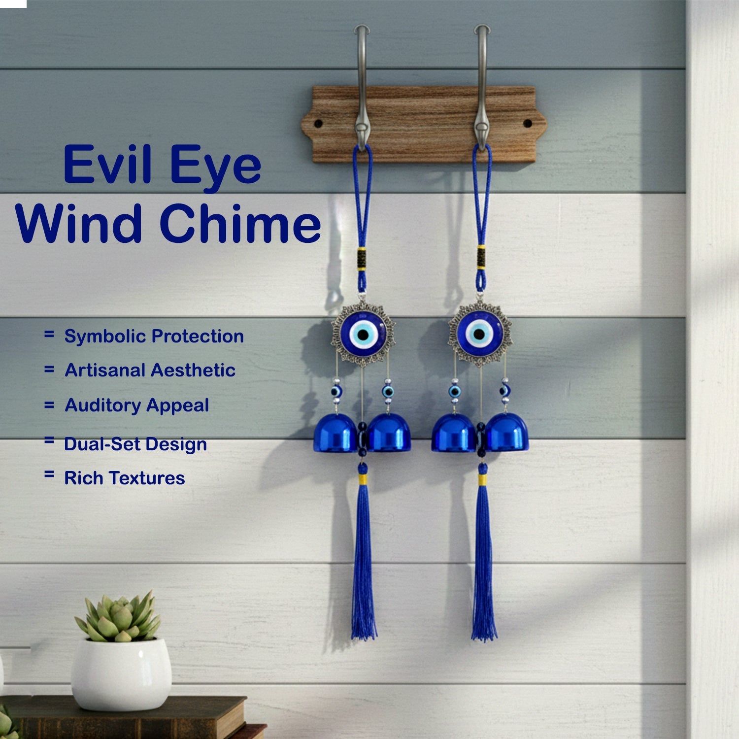 Decorative evil eye wind chime set with loops for easy hanging