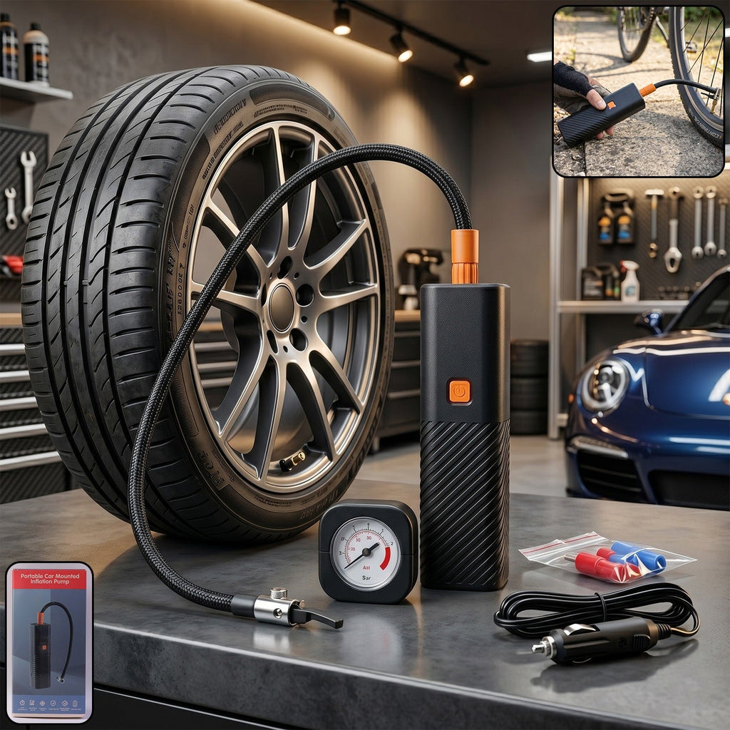 Compact portable car tyre inflator with easy-to-carry design