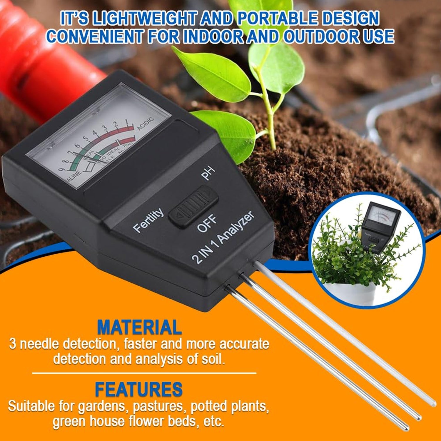 Feature view of 3 needle probe soil meter for indoor and outdoor use