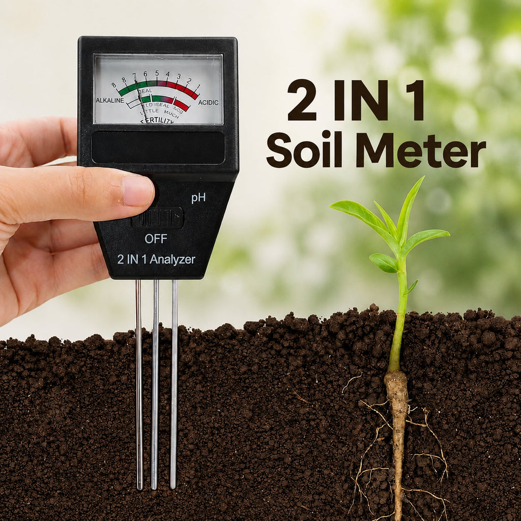 Hand holding soil pH and fertility meter with a seedling