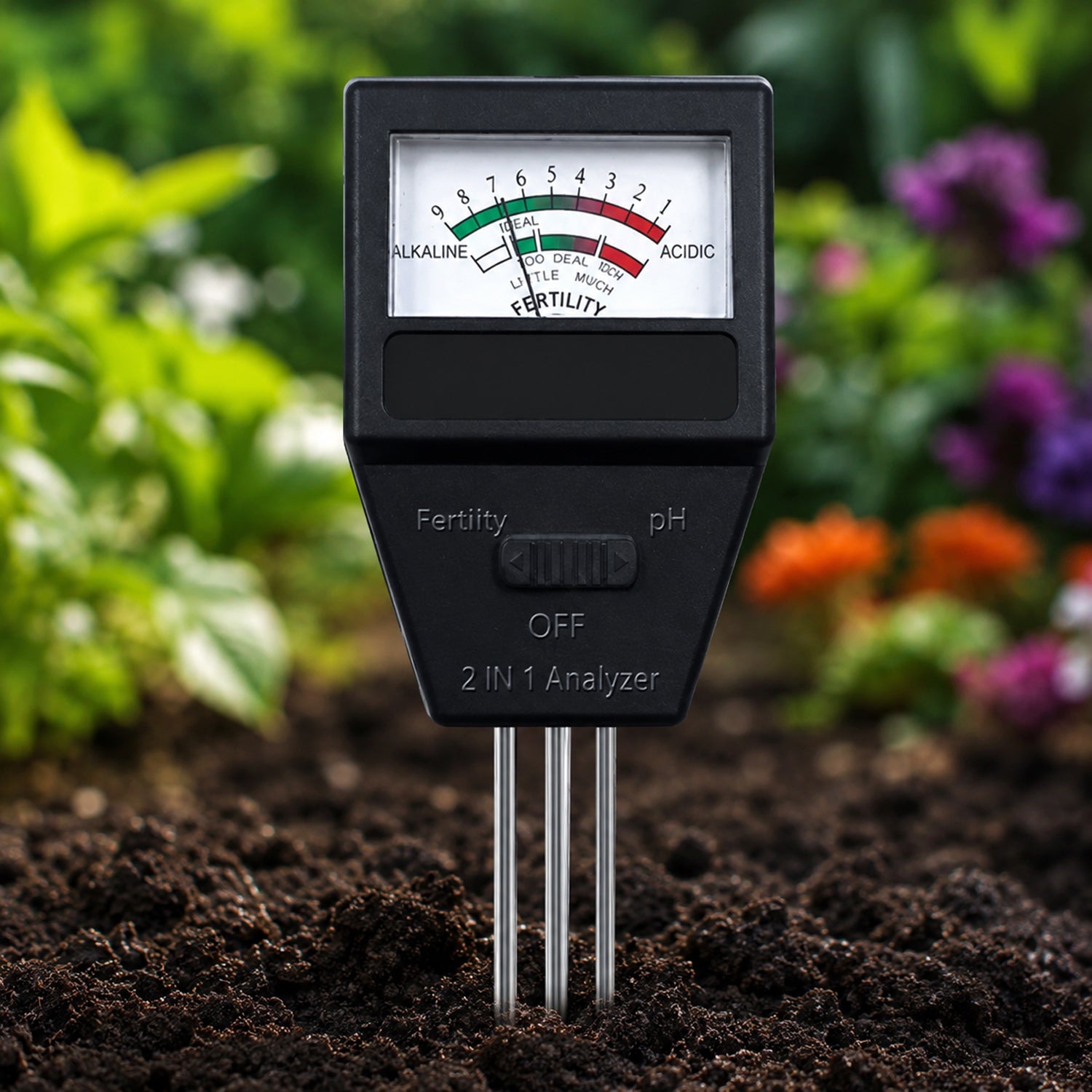 Main image showing 2 in 1 soil meter probe inserted in garden soil