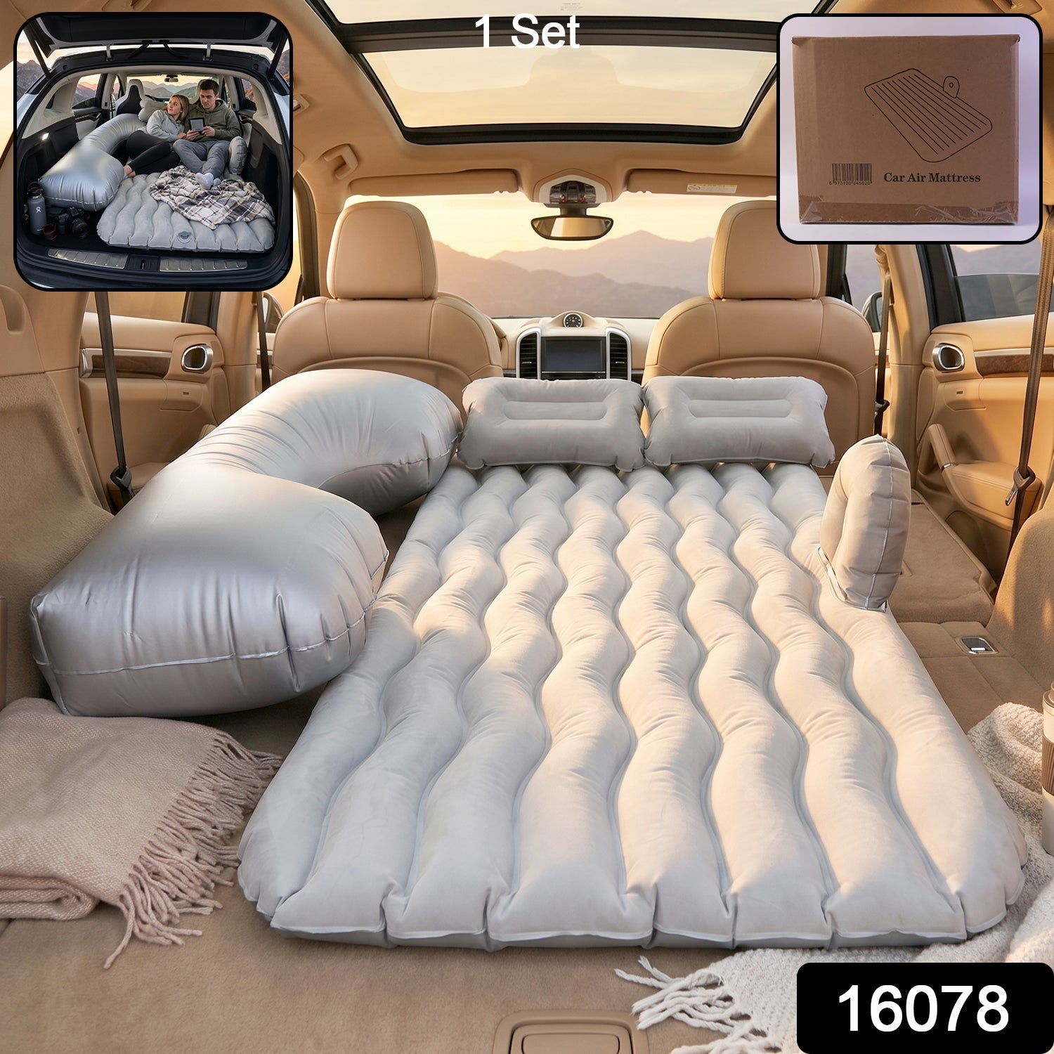 Product composite showing car air mattress with pump and pillows