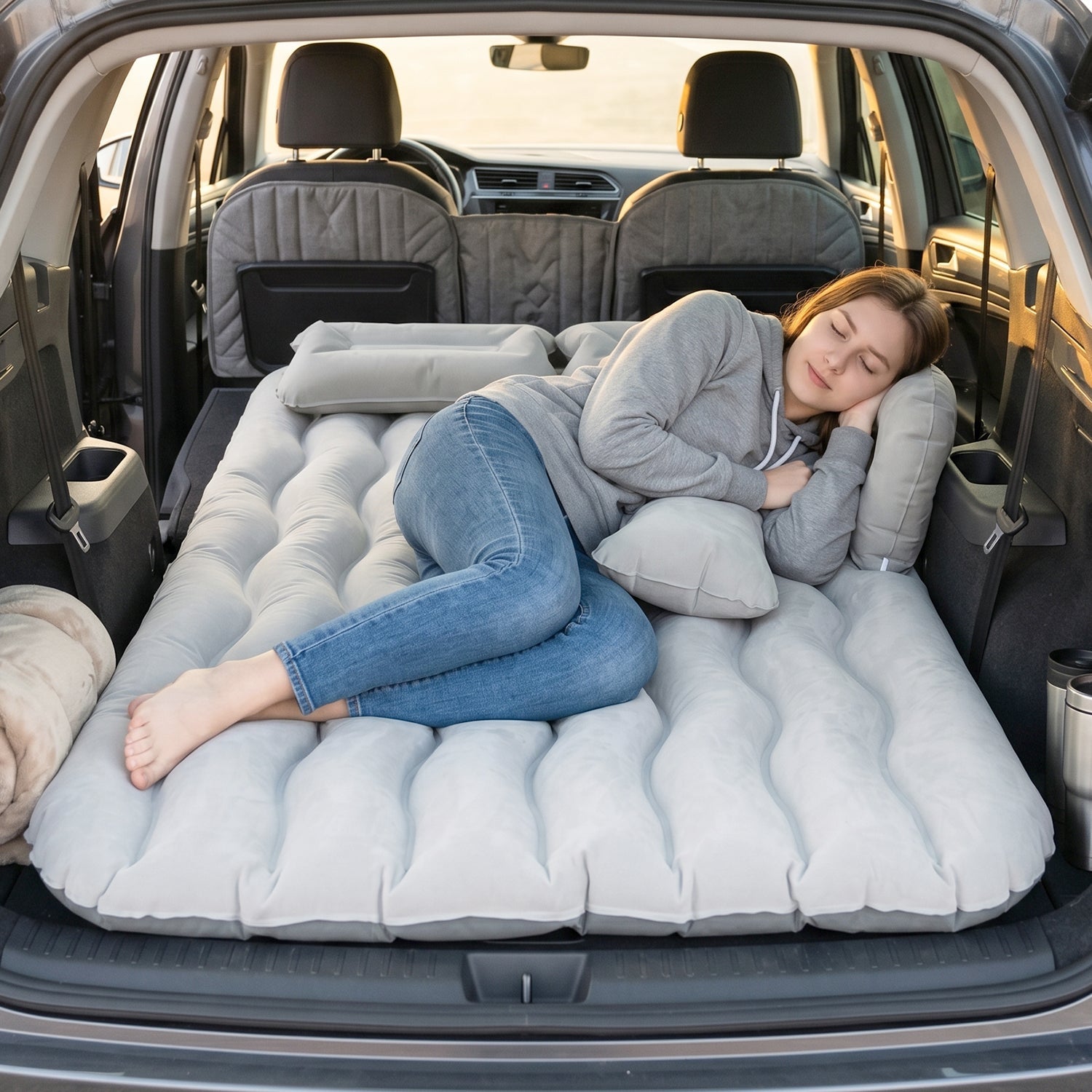 Comfortable woman sleeping on car air mattress