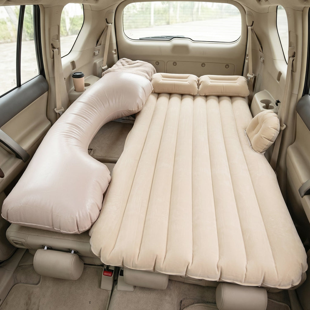 Main view of portable beige car air mattress set for travel and camping