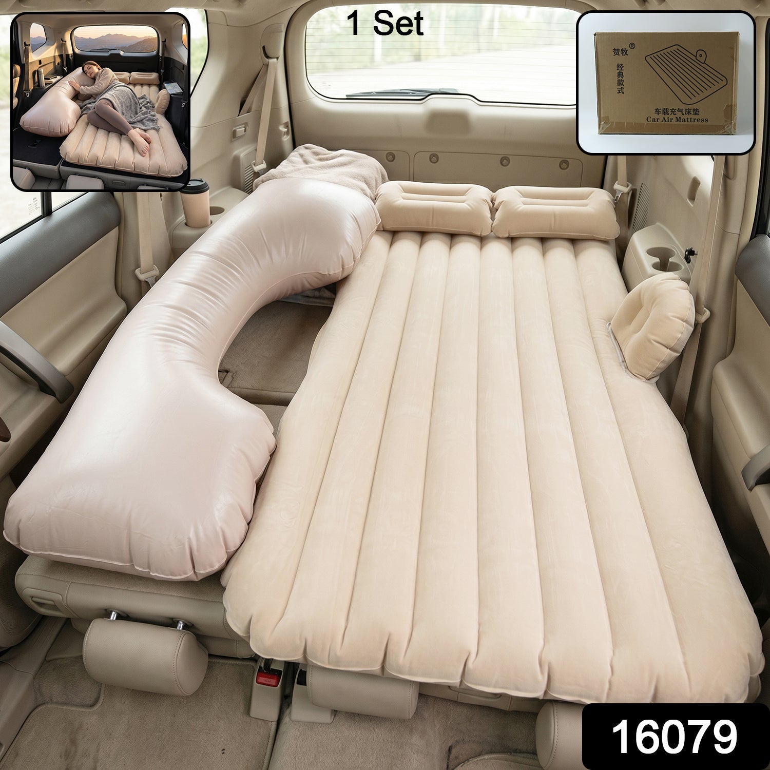 Product composite of portable inflatable car mattress with accessories