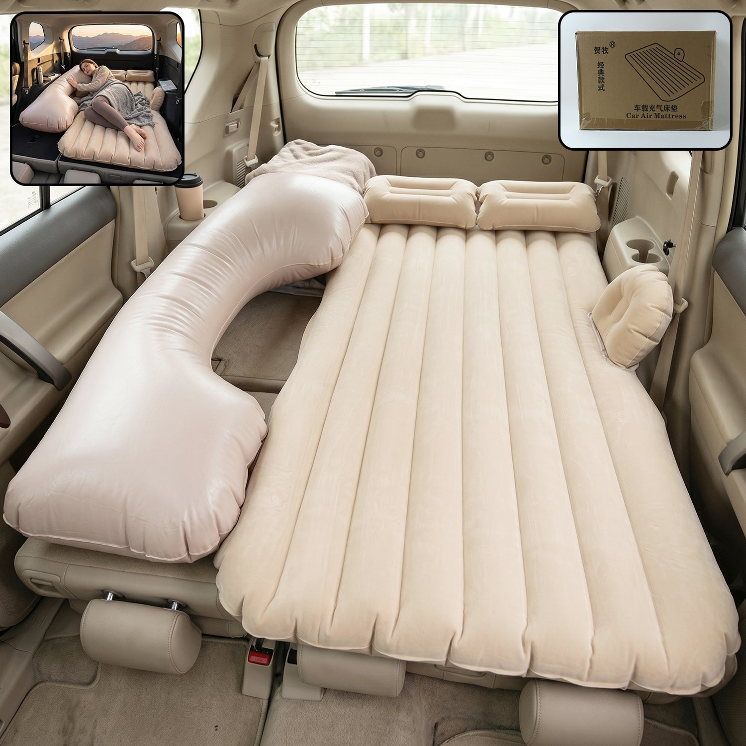 Inflatable car air mattress with inset view showing size and design
