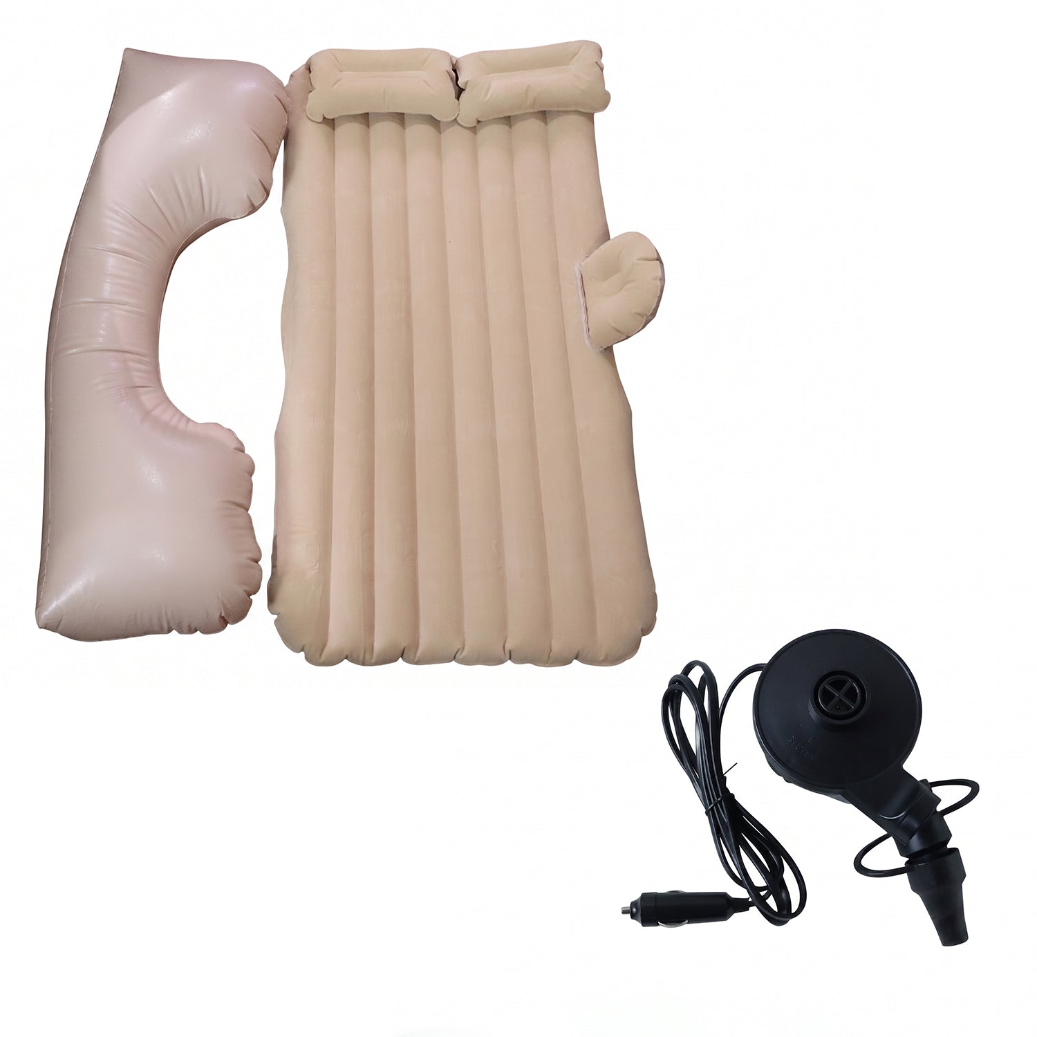 Pump, car cable, and valve adapters for inflatable car mattress