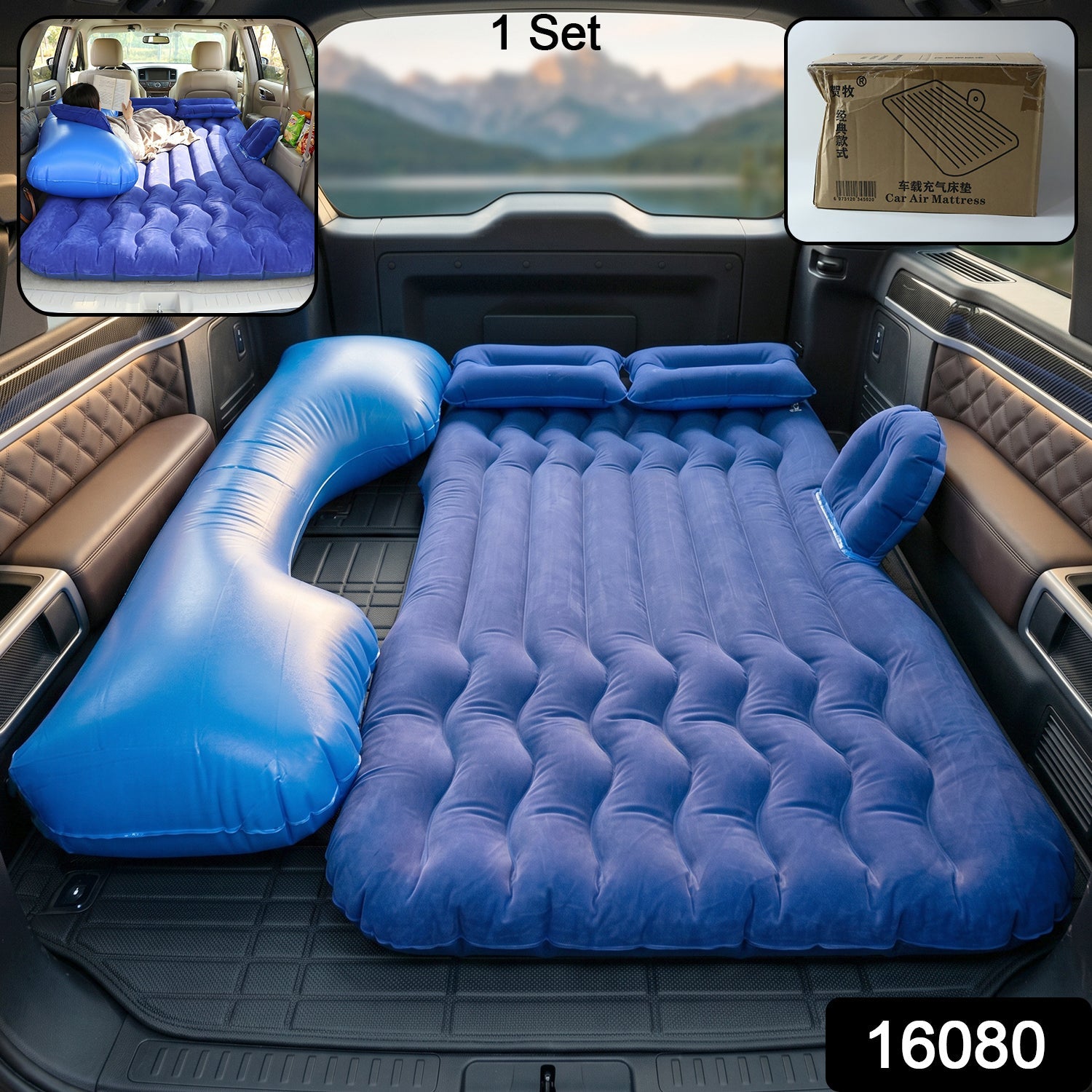 Product composite view of portable car air mattress with pump and pillows