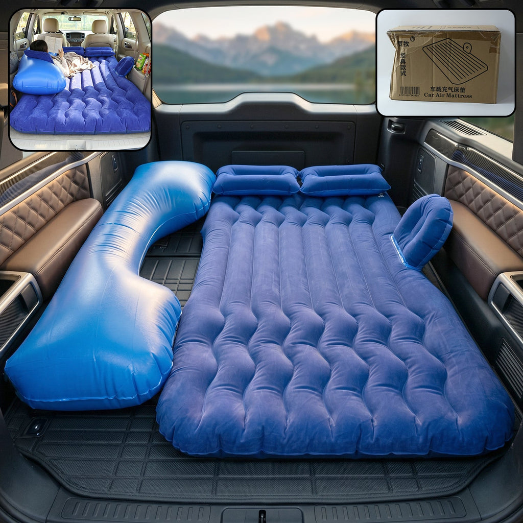 Inflatable car air mattress with U-shape extension in dark blue