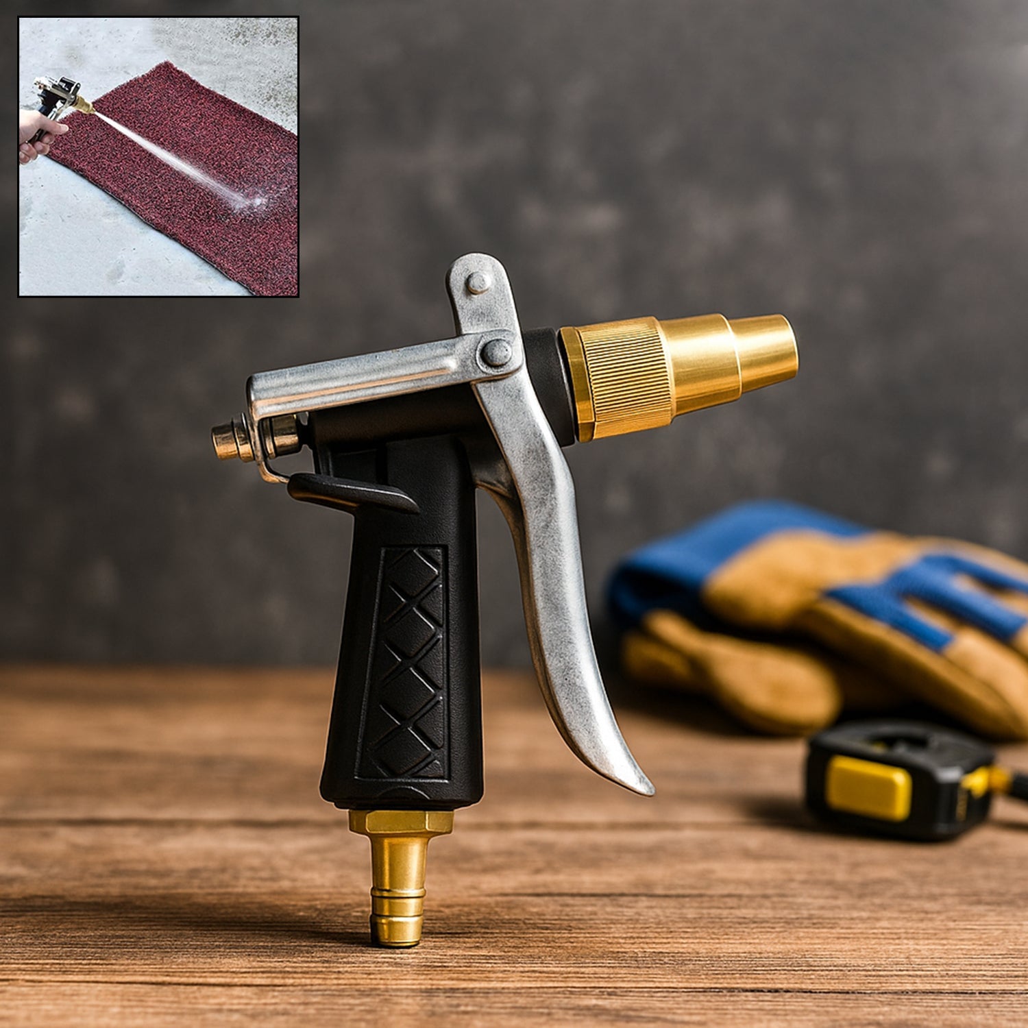 Durable gold hose nozzle with trigger lever for garden watering.