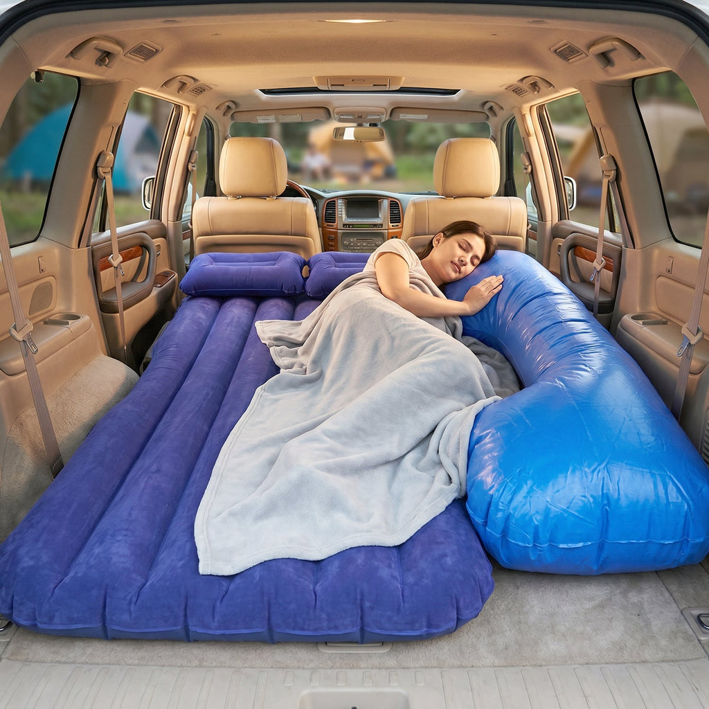 Couple relaxing on the inflatable car mattress inside SUV during camping trip