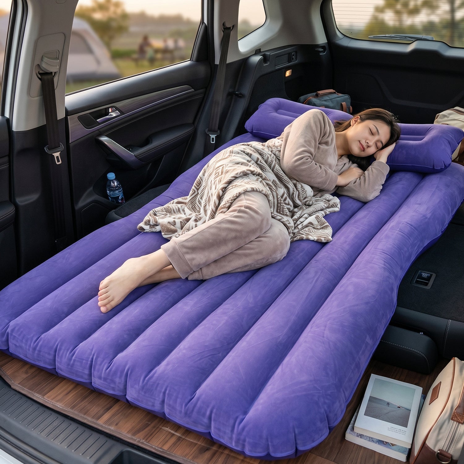 Woman sleeping comfortably on the inflatable mattress during outdoor camping