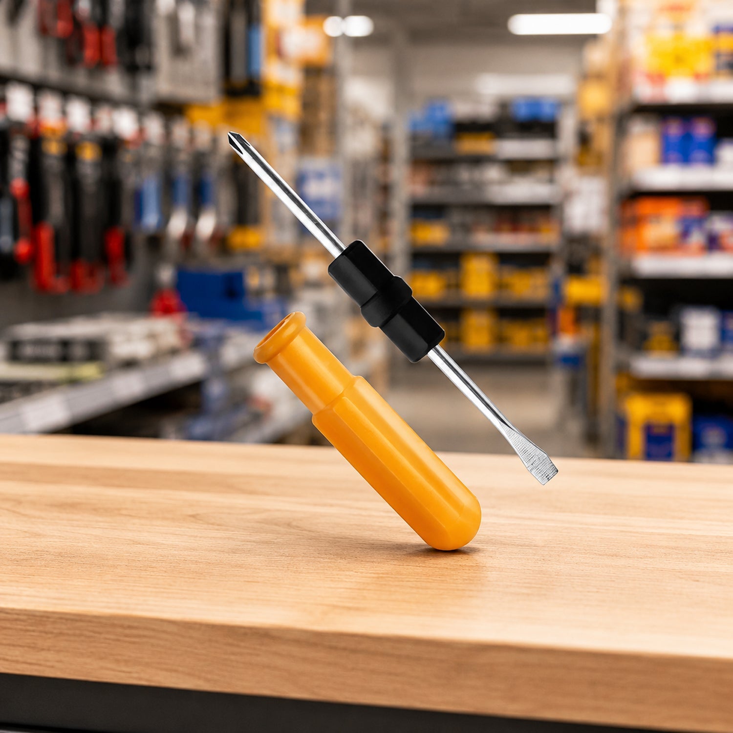 Yellow handle 2 in 1 screwdriver used for workshop tasks