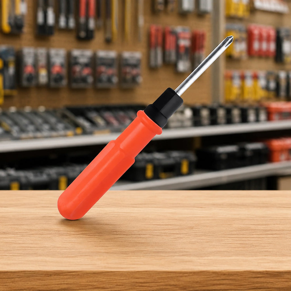 Red-orange handle reversible screwdriver on hardware shelf