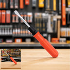 Small 2 in 1 screwdriver with red-orange handle and steel tips for household repairs