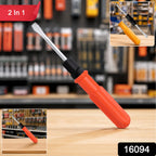 Close-up of 2 in 1 screwdriver showing flathead and Phillips tips