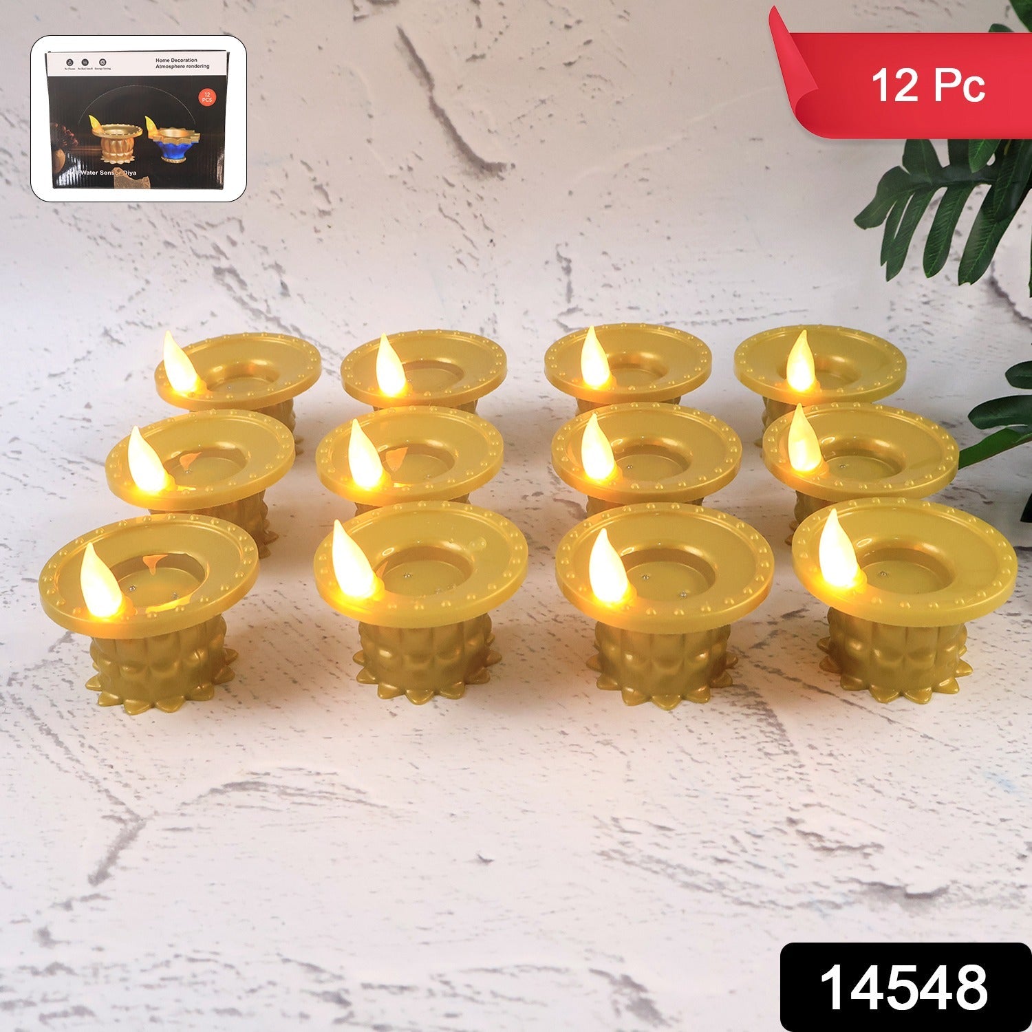 Close-up of decorative water sensor golden LED diyas perfect for Diwali